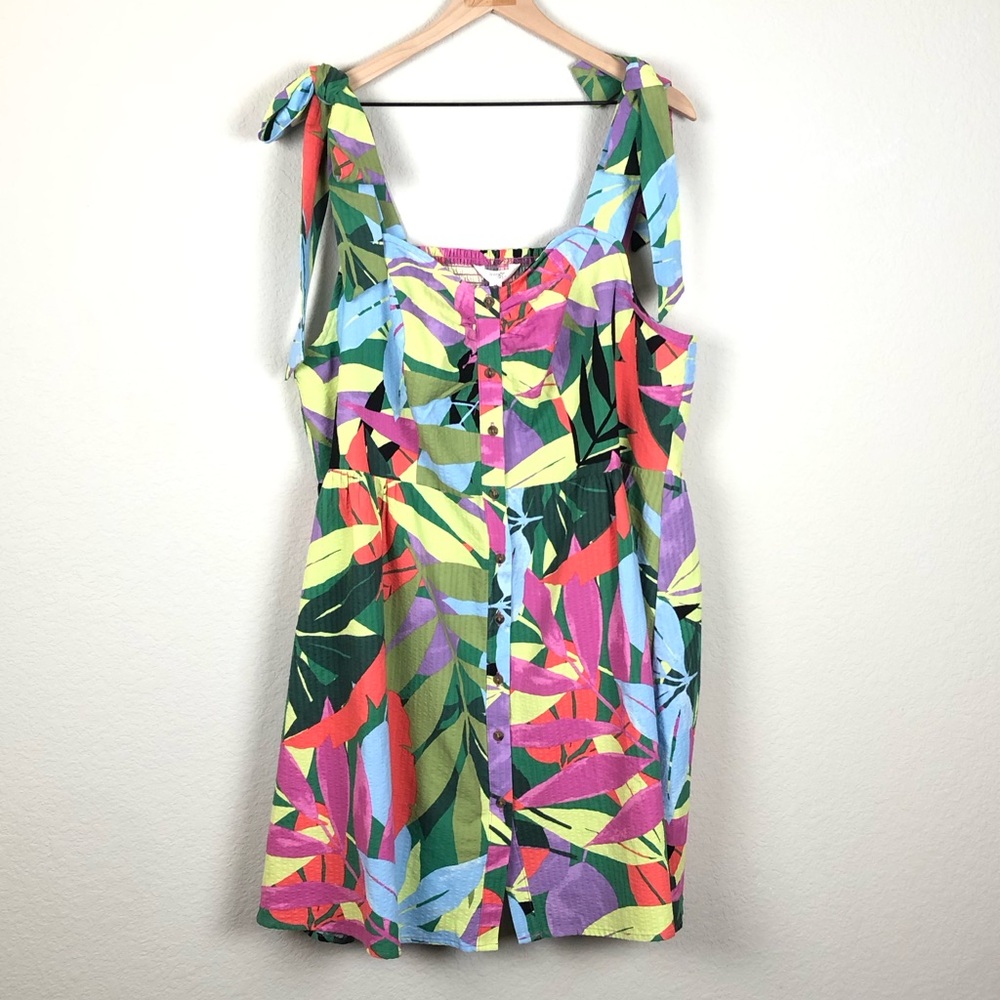 Terra & Sky Tie Shoulder Tropical Dress Button Front - Picture 2 of 6